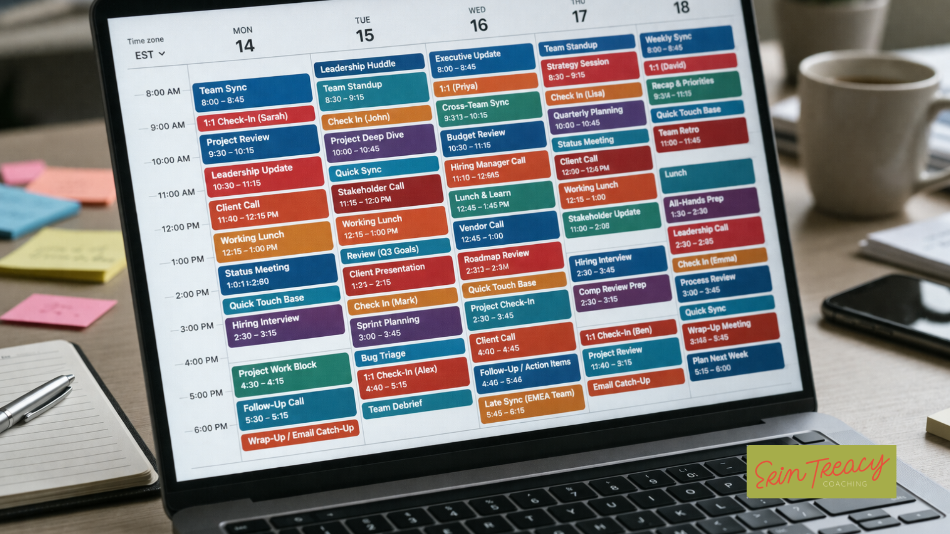 Example of a packed calendar contributing to middle manager burnout.