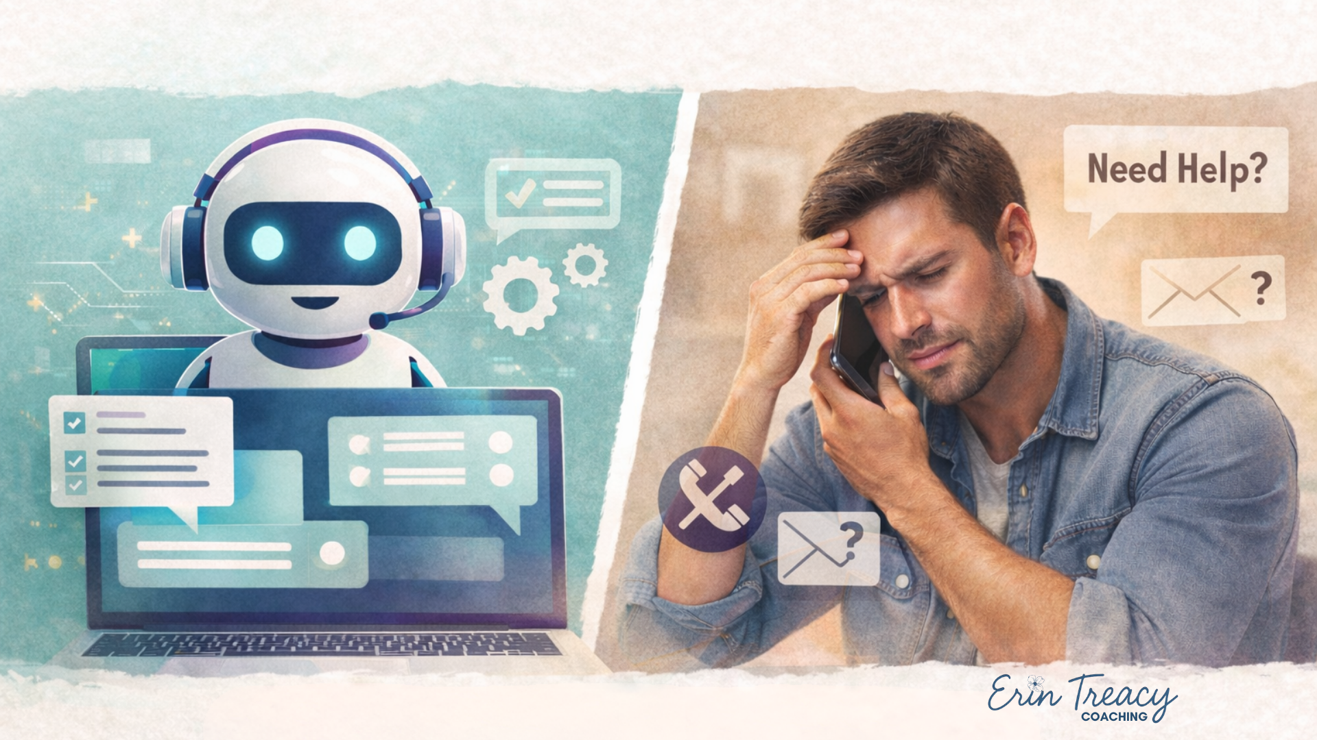 Split image showing a calm AI chatbot assisting on a laptop on one side and a frustrated customer on the phone on the other, illustrating the tension between automation and human connection in customer service.