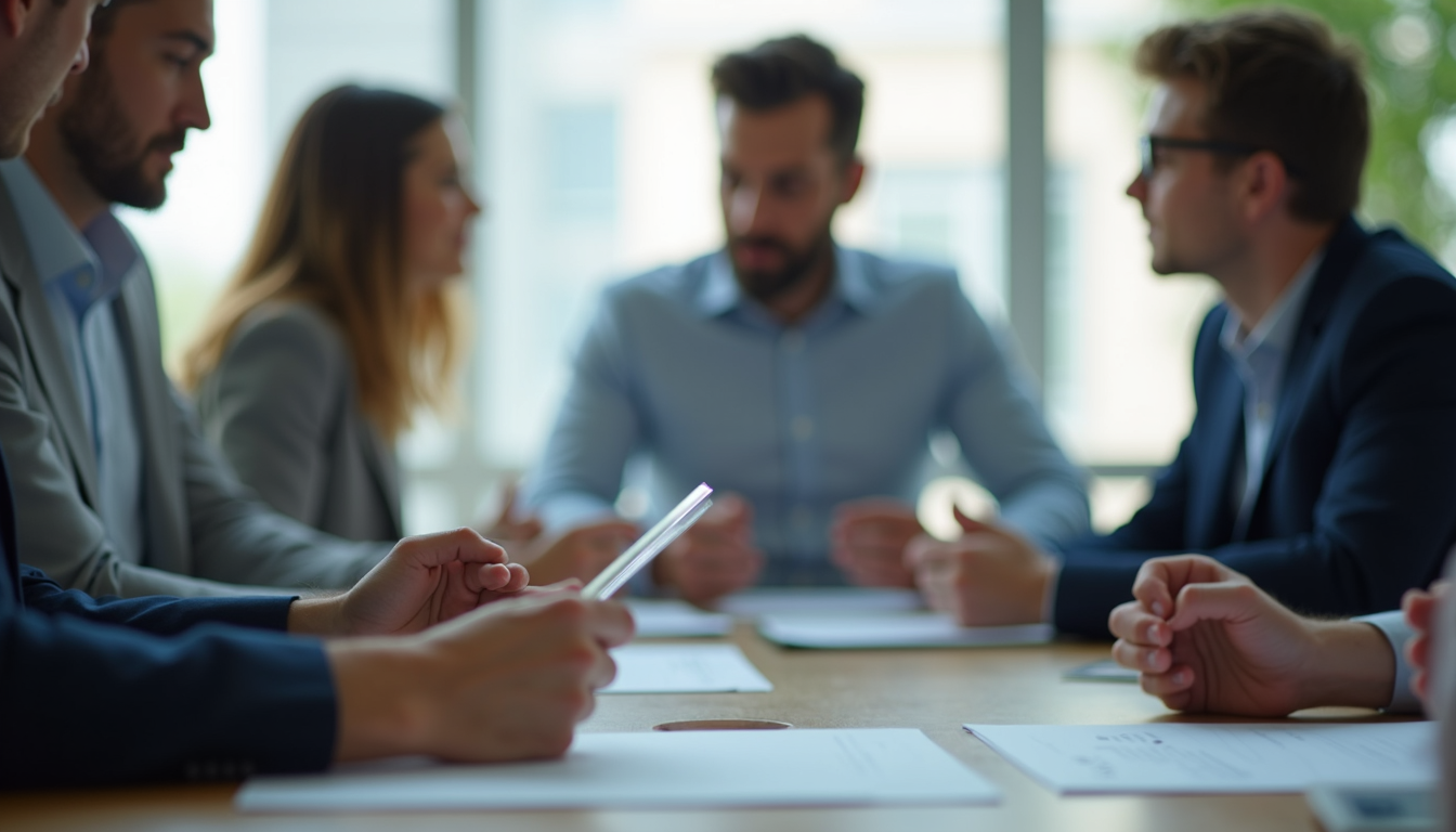 Close-up view of a manager sharing updates with a team during a meeting