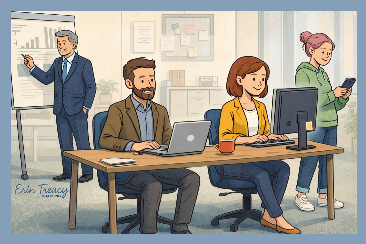 Multigenerational workplace illustration showing Baby Boomers, Gen X, Millennials, and Gen Z working together in an office setting.
