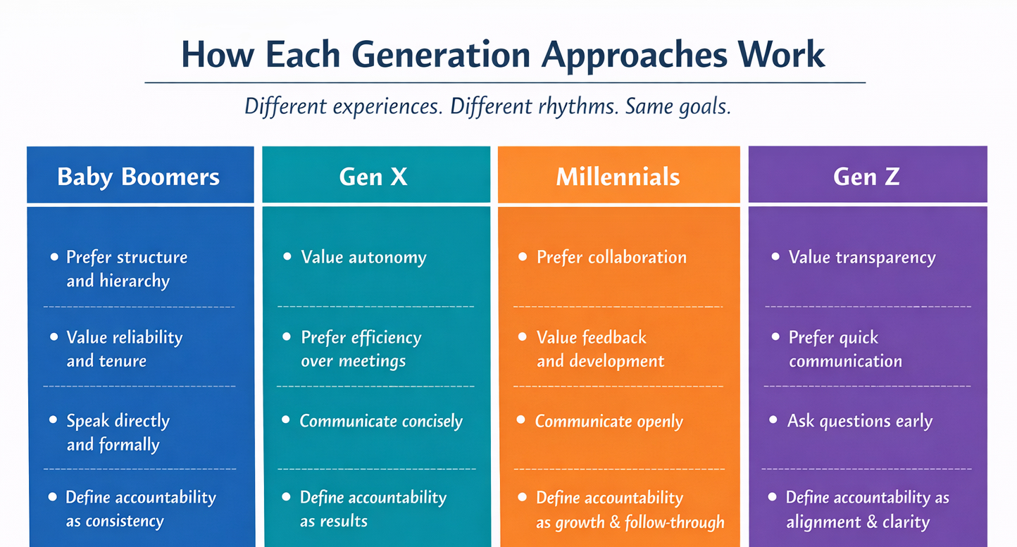 Chart titled "How Each Generation Approaches Work" compares values of Baby Boomers, Gen X, Millennials, and Gen Z in columns with distinct colors.
