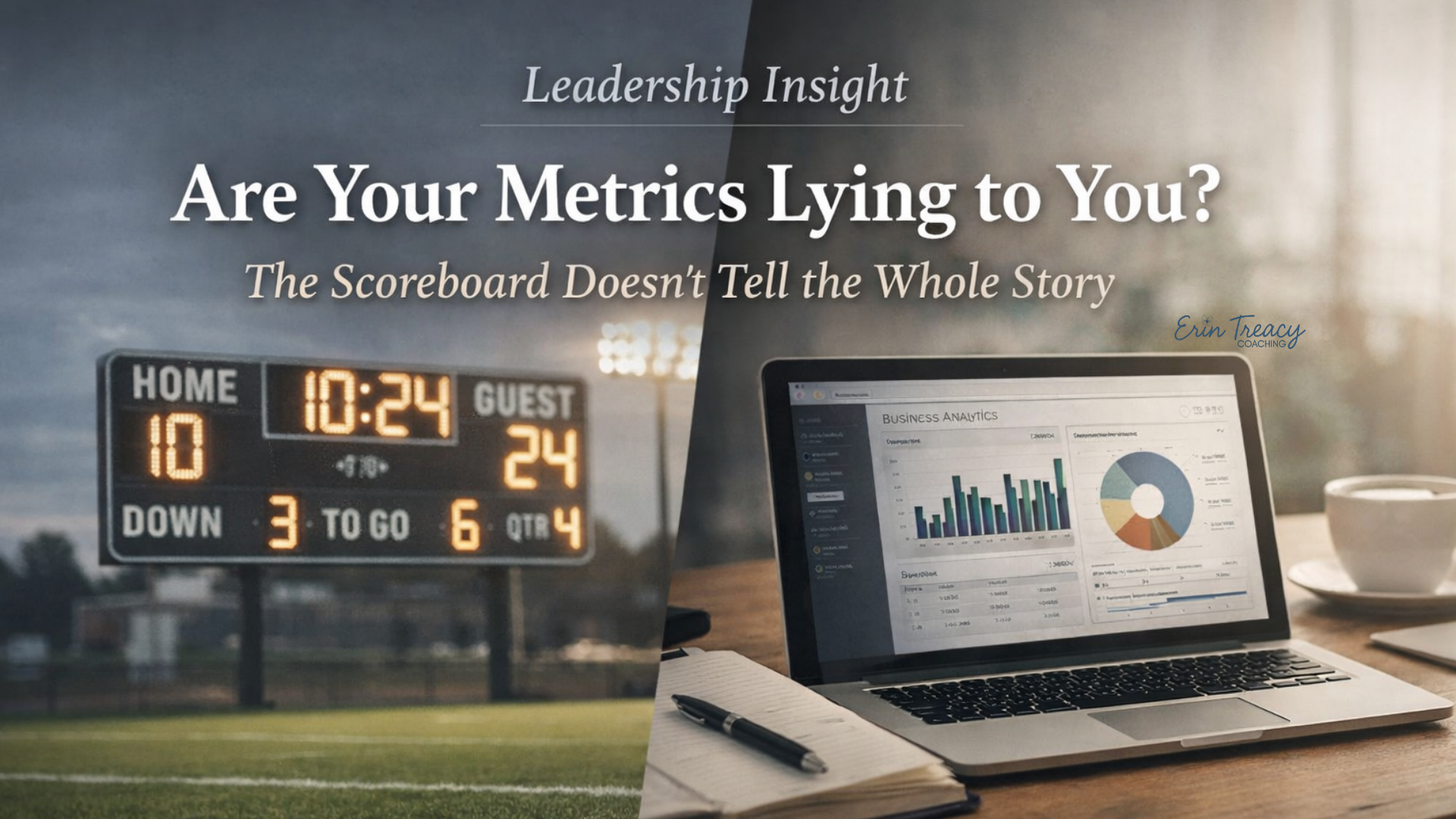 Football scoreboard on one side and a laptop with business analytics dashboard on the other illustrating how leaders measure business metrics and performance.