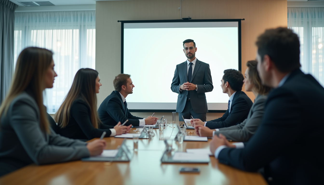 Eye-level view of a conference room with a manager leading a training session
