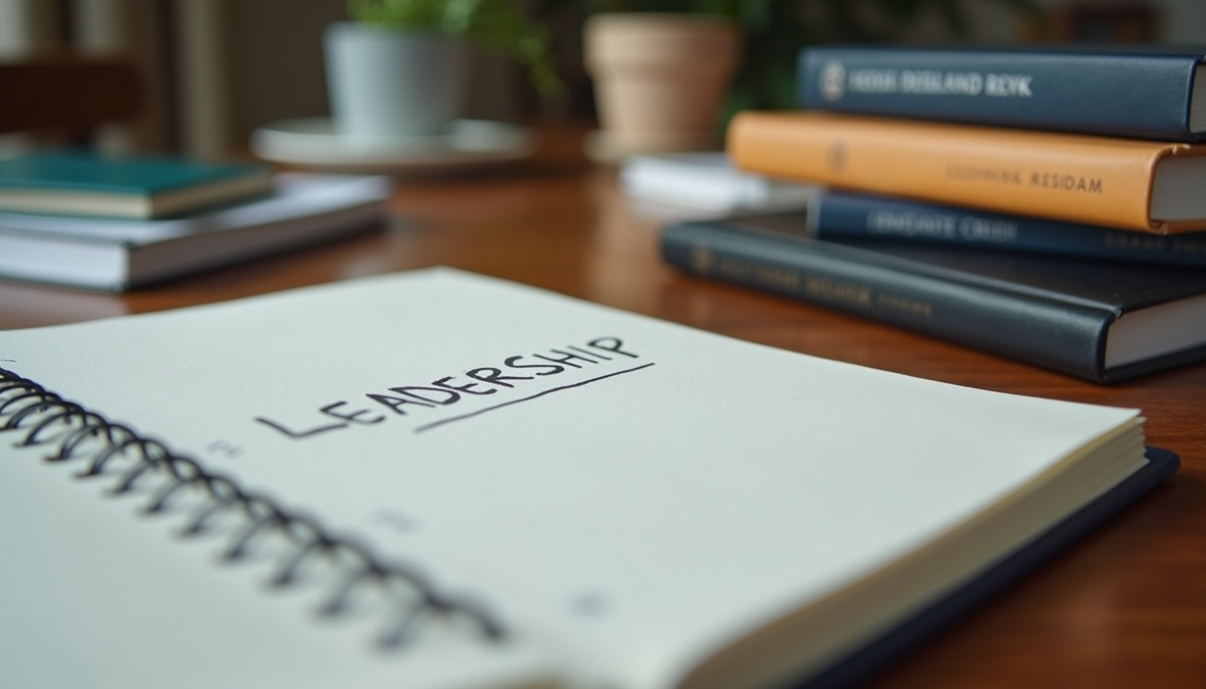 Close-up view of a desk with leadership books and a notebook open for training notes