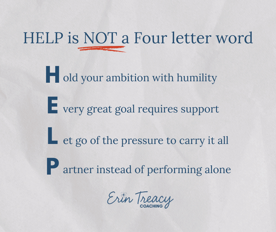 Leadership acronym HELP explaining how to accept and ask for help without feeling weak, emphasizing ambition, support, shared responsibility, and partnership in work and life.