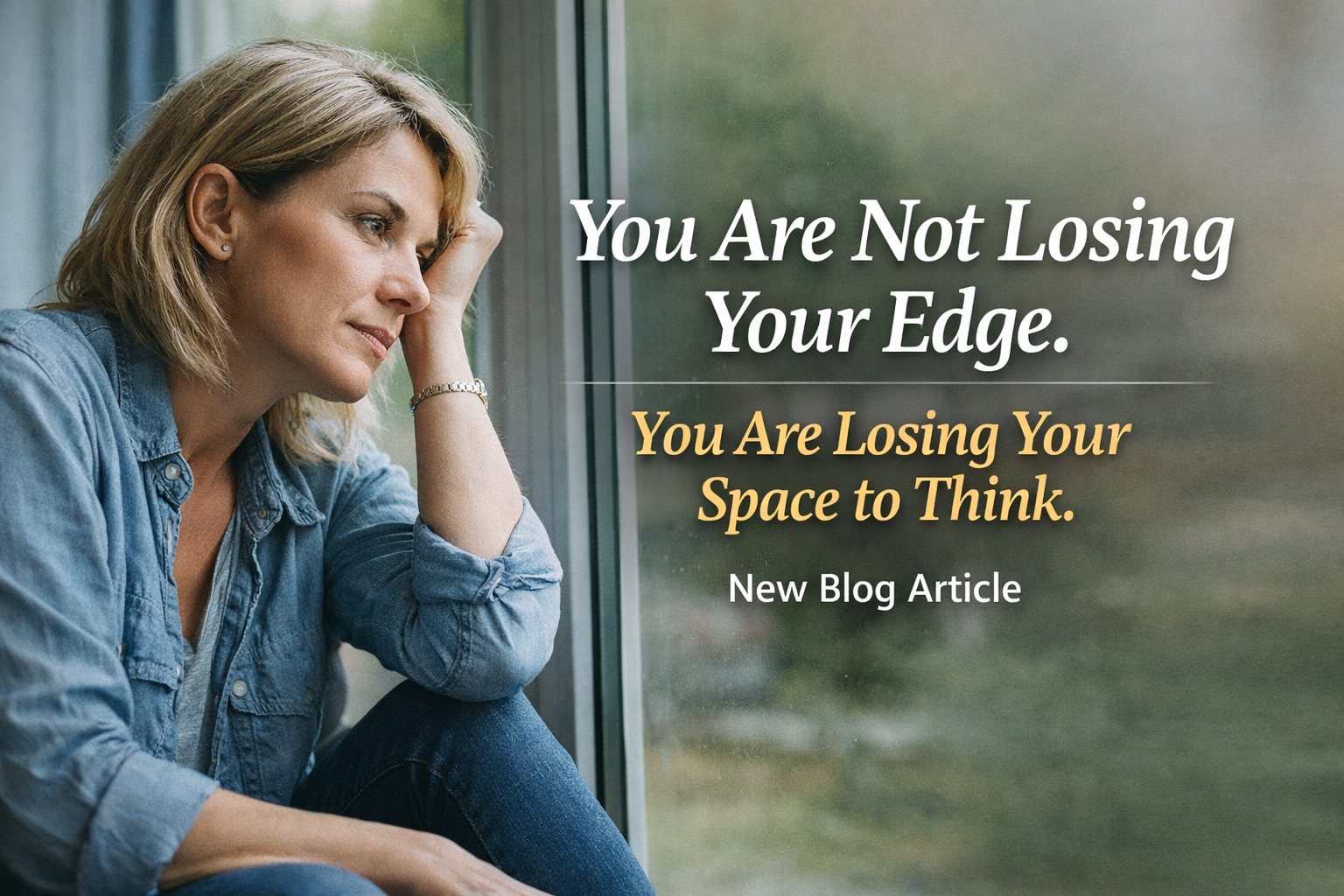 Woman reflecting quietly by a window representing leadership burnout, mental overload, and the importance of pause and clarity for working women and leaders