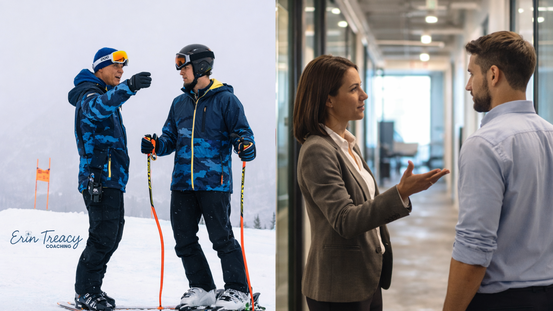 Side-by-side image of coaching in sports and the workplace, showing how feedback and guidance support professional growth.