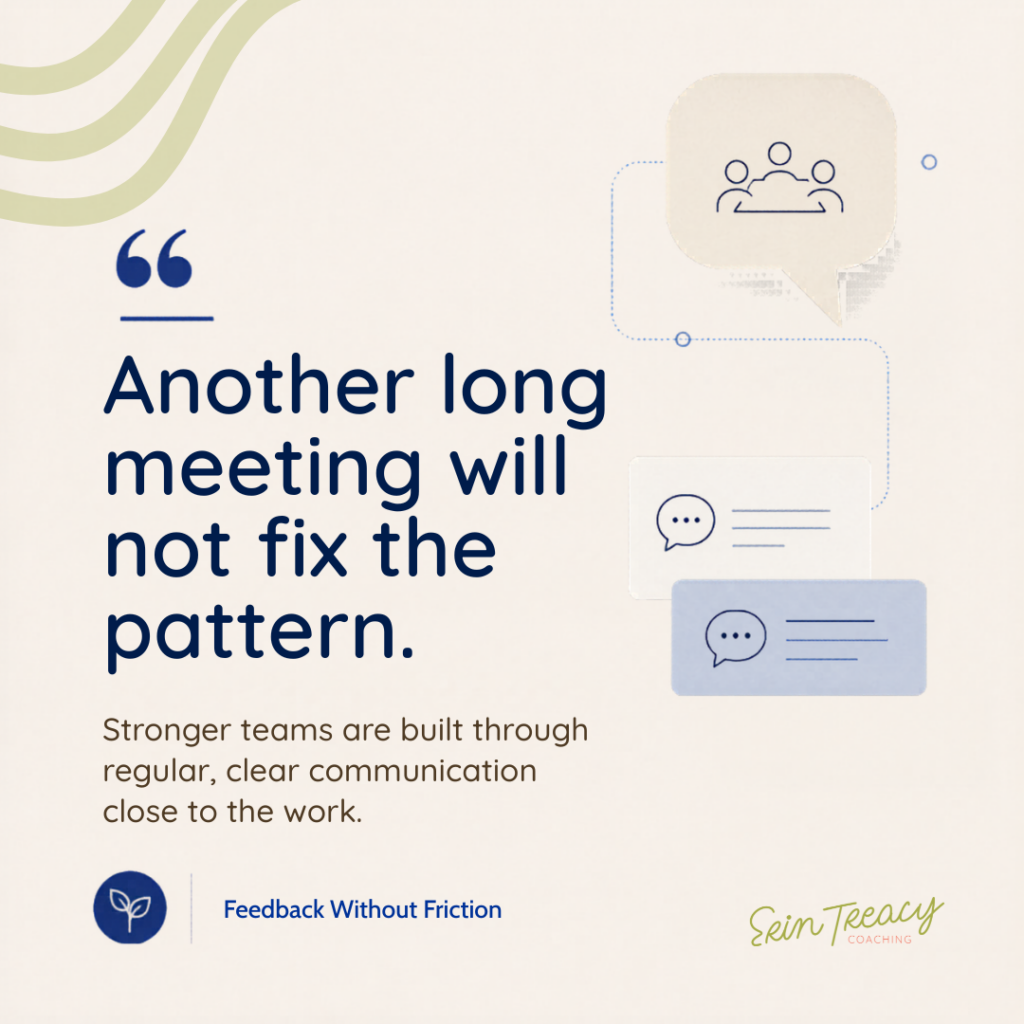 Graphic quote about feedback conversations at work: another long meeting will not fix the pattern.