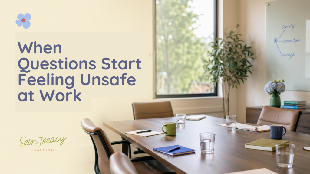 Banner Graphic Empty conference room after a meeting with notebooks, coffee cups and water glasses, featuring the article title “When Questions Start Feeling Unsafe at Work.”