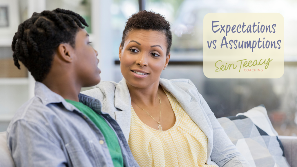 Parent and adult child having an honest conversation at home about expectations vs assumptions