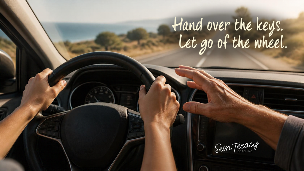 Mixed messages at work shown as a leader reaching for the steering wheel while a young driver holds it