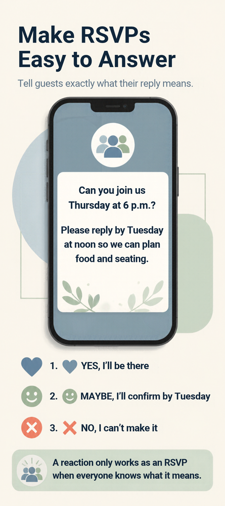 RSVP etiquette graphic showing an invitation text with a heart for yes and a smile for maybe